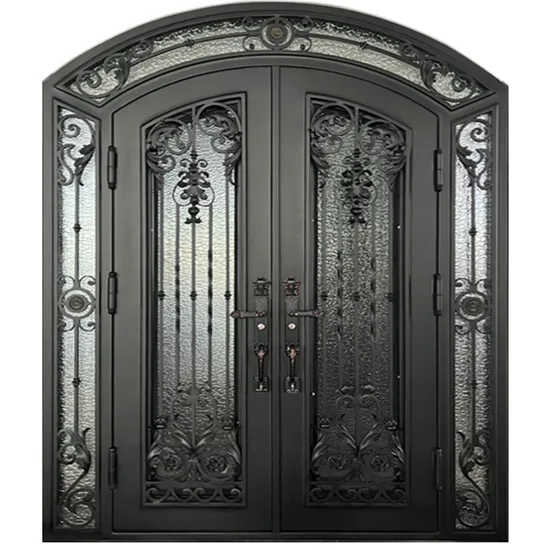 Porta de entrada frontal de ferro forjado personalizada, porta principal pivotante de vidro e metal de segurança em aço francês