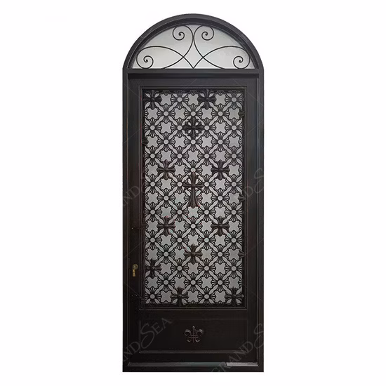 Porta de segurança de ferro forjado fundido com arco, de design luxuoso de alta qualidade e entrada dupla francesa