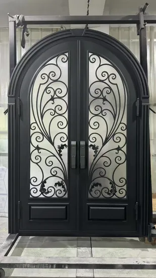 Porta de ferro forjado estilo francês, design de porta principal, casas de segurança, metal, vidro, frente, porta dupla externa