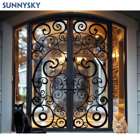 Porta dupla de ferro fundido, portão externo de aço fundido, arco de entrada frontal personalizado, entrada principal de vila clássica francesa para casa